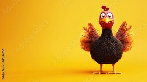 Cartoon turkey character with open wings on a yellow background photo