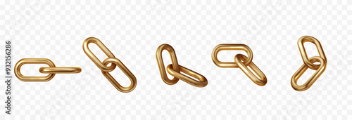 Chain gold isolated PNG. Geometric shapes 3D metal shapes in trendy retro futuristic design. Realistic vector in retro futuristic, y2k