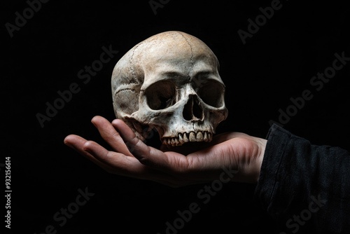 Hamlet Skull. Human Hand Holding Skull in Black Isolated Background
