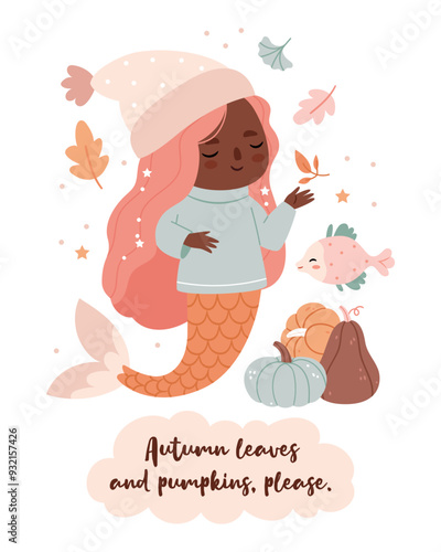 Dark skinned mermaid in autumn clothes swims with fish and autumn leaves. Autumn poster with text.Unusual combination. Surrealism.