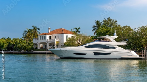 A luxurious waterfront property showcases a sleek yacht docked nearby under a clear blue sky , creating a peaceful coastal ambiance photo