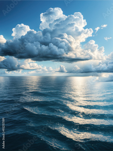 Serene Seascape: Calm Waters Beneath a Cloudy Sky. Peaceful Ocean Moment: Gentle Waves and Drifting Clouds. generative AI