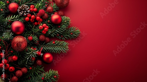 Christmas composition decor on a red background with space for text