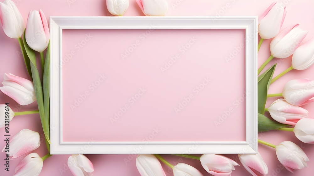 White frame surrounded by pink tulips on a pastel background. White frame surrounded by pink tulips on a pastel background.