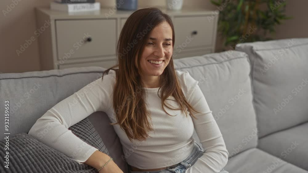 A young woman is relaxing on a comfortable couch in a cozy living room, smiling with joy, enjoying a peaceful moment indoors. A young woman is relaxing on a comfortable couch in a cozy living room, smiling with joy, enjoying a peaceful moment indoors.