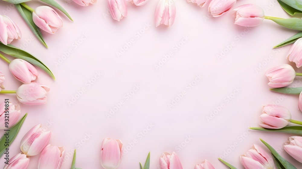 Fototapeta premium Frame surrounded by pink and white tulips on a pastel background.