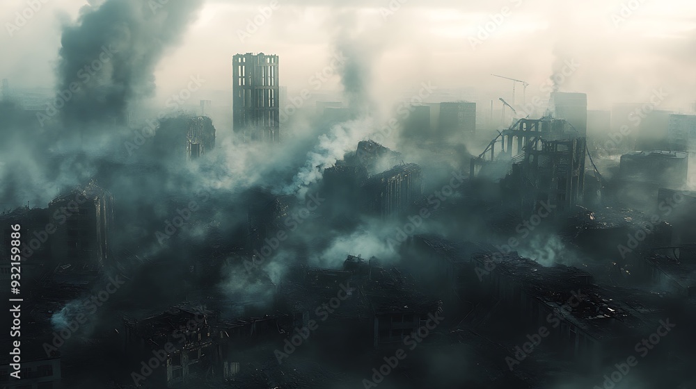 Fototapeta premium A cityscape shrouded in smoke and ash, depicting the aftermath of a devastating disaster.