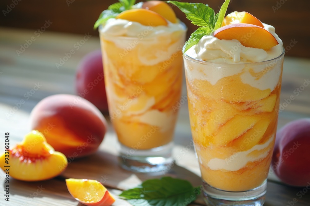 Peach Sundae. Creamy Peach Dessert Served in Glass with Fresh Yogurt Peach Sundae. Creamy Peach Dessert Served in Glass with Fresh Yogurt