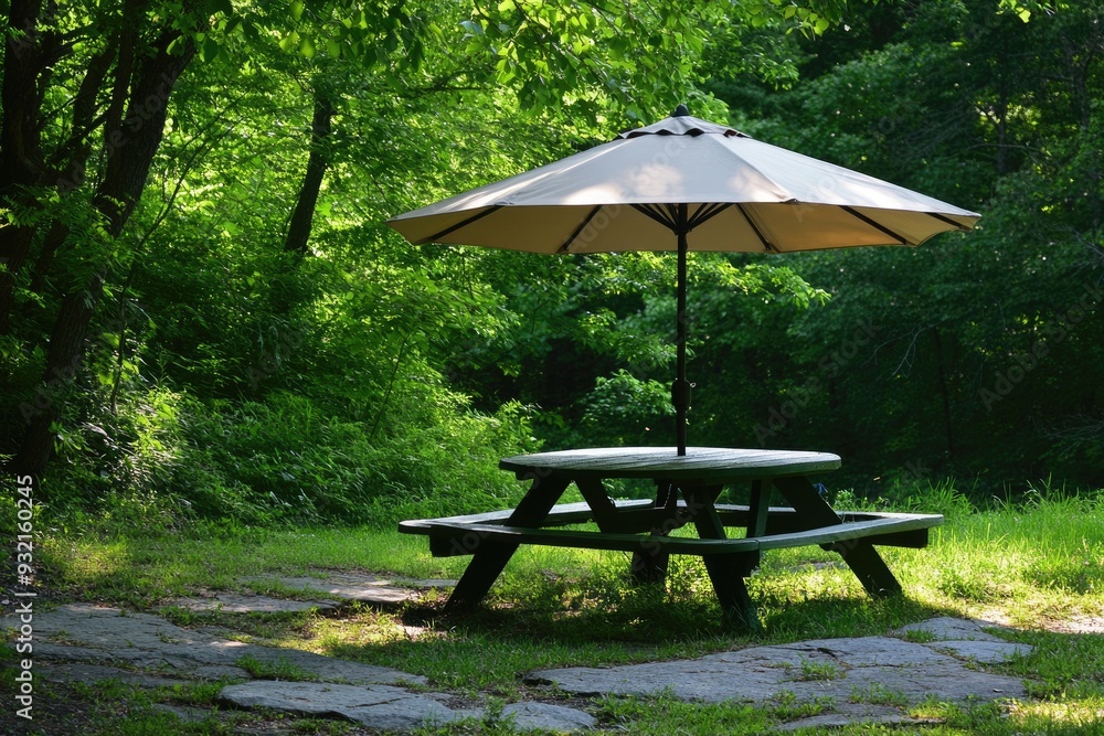 Picnic Table With Umbrella Set Among Green Vegetation and Brown Stone Path Picnic Table With Umbrella Set Among Green Vegetation and Brown Stone Path