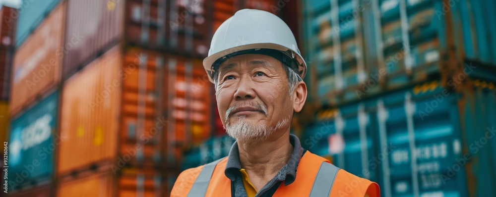 Chinese worker standing in front of stacked shipping containers. Container terminal - freight shipping background. International trade banner. Import export concept. Chinese worker standing in front of stacked shipping containers. Container terminal - freight shipping background. International trade banner. Import export concept.