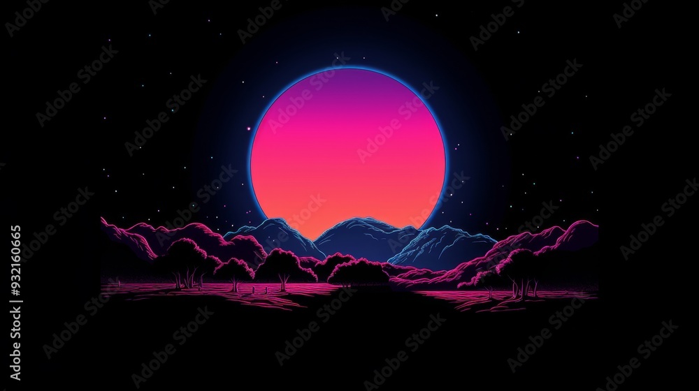 Retro Sunset Landscape with Mountains and Stars Retro Sunset Landscape with Mountains and Stars
