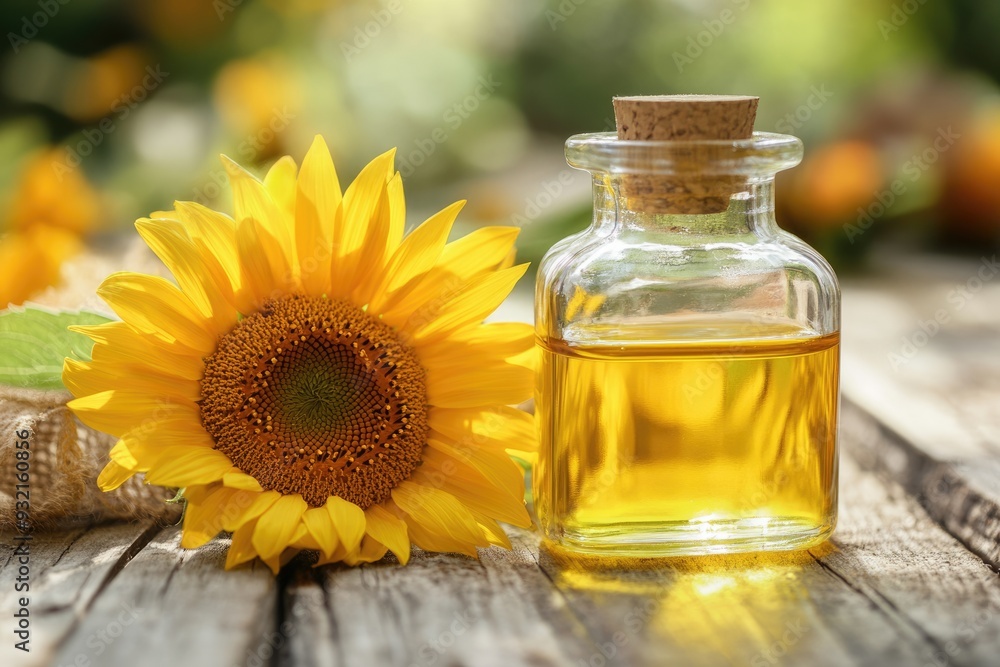 Sunflower Extract. Organic Sunflower Oil in Bottle on Wooden Table Background Sunflower Extract. Organic Sunflower Oil in Bottle on Wooden Table Background