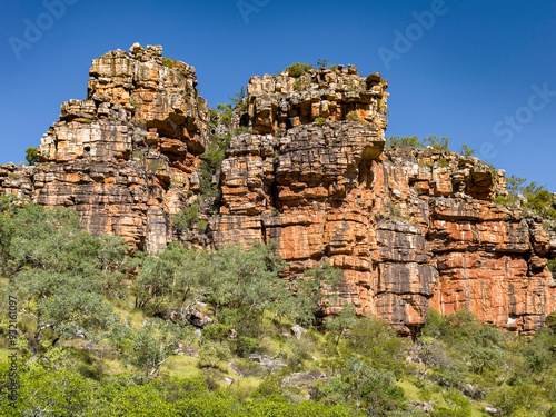 Towering red rock formations in the Warton Sandstone, King George River, Kimberley, Western Australia, Australia, Pacific photo