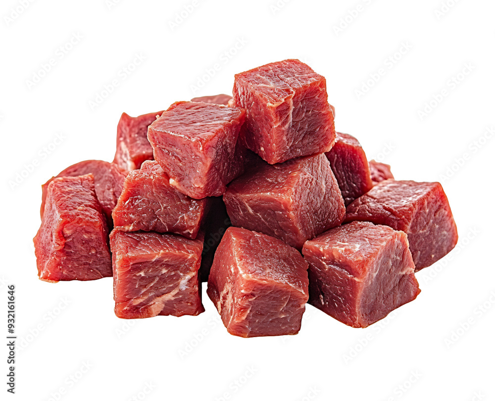 A pile of raw beef cubes isolated on a transparent background A pile of raw beef cubes isolated on a transparent background