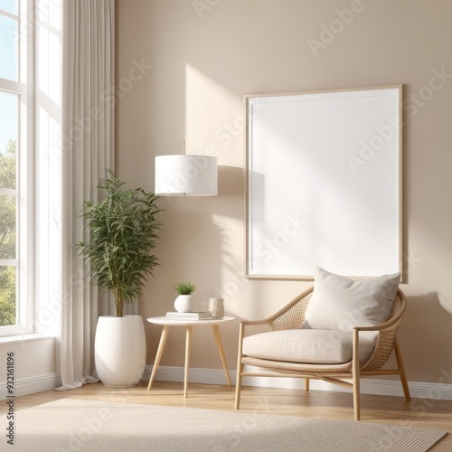 white poster frame close up in modern home interior with light beige colored texture walls, wall mockup, 3d rendering