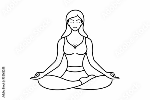 Fit woman meditating on floor line art vector illustration