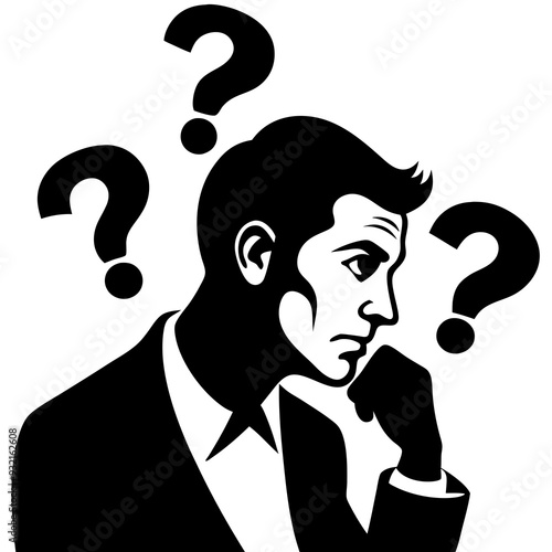Man thinking with question marks