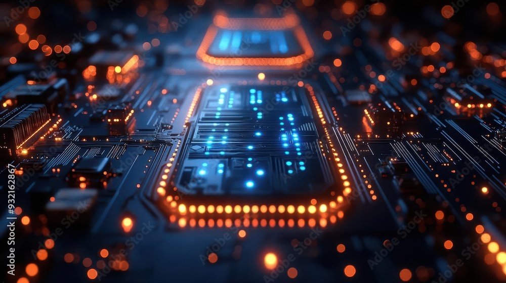 Obraz premium extreme closeup of a futuristic microchips intricate circuitry bathed in cool blue light with glowing energy paths creating a mesmerizing tech landscape