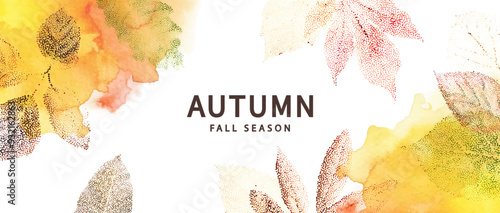 Trendy autumn banner with fall leaves. Modern autumn poster with grainy transparent leaves and watercolor. Autumn background, web banner or flyer design. Template for advertising, printing, packaging