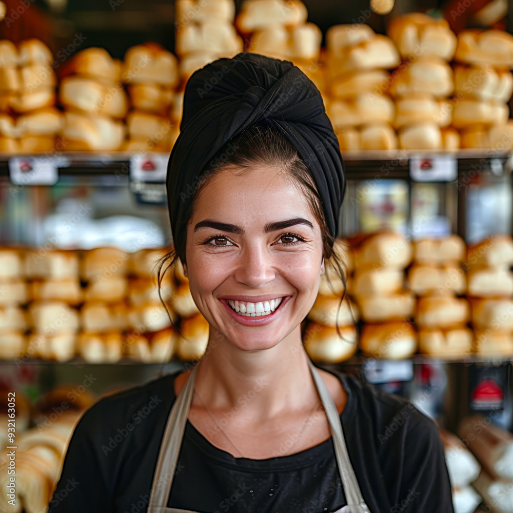 A cheerful young woman stands in a bakery, showcasing her warm smile amidst an array of freshly baked bread. A cheerful young woman stands in a bakery, showcasing her warm smile amidst an array of freshly baked bread.