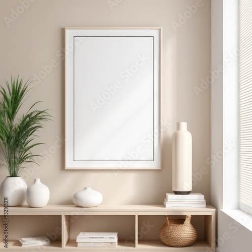 white poster frame close up in modern home interior with light beige colored texture walls, wall mockup, 3d rendering