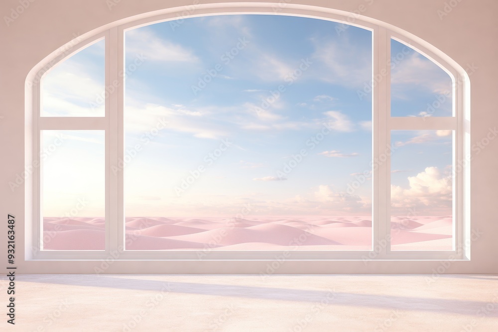 Fototapeta premium Pink Desert View Through Arched Window - Minimalist Interior Design