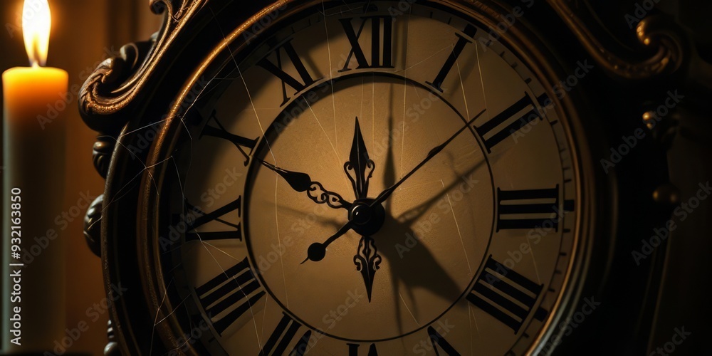 Obraz premium Midnight Clock with Spiderweb and Candlelight