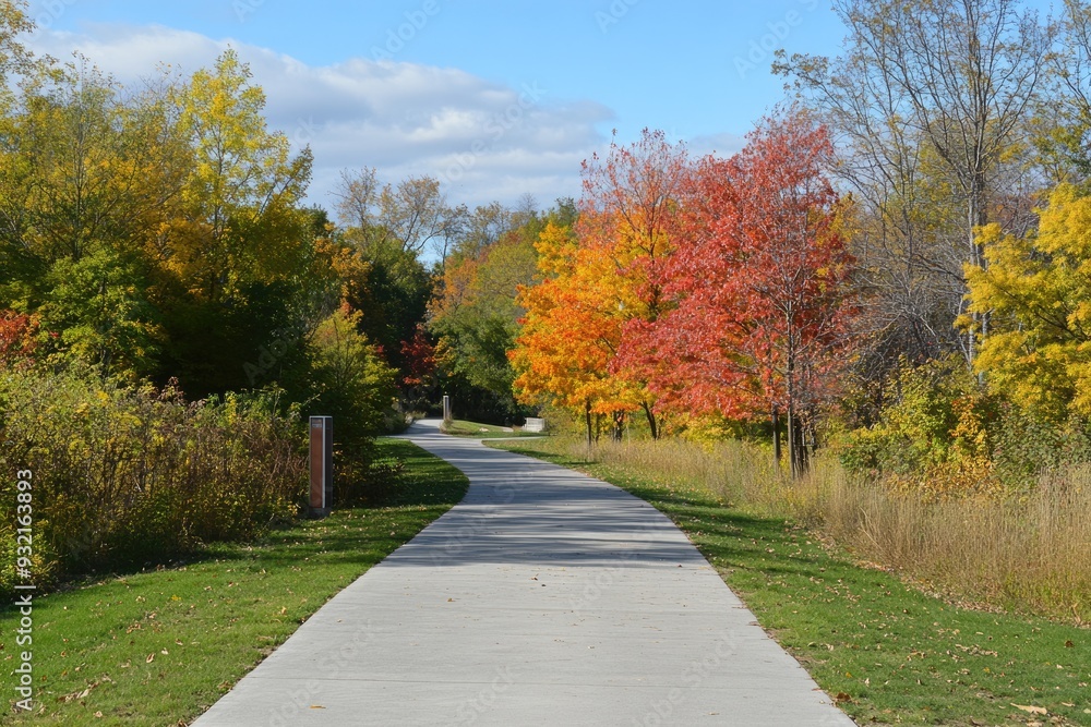 Obraz premium Greenway Walk. Urban River Walk with Trees in Autumn Landscape
