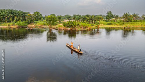 Aerial of a dugout canoe on the Congo River, Mbandaka, Equateur province, Democratic Republic of Congo, Africa photo