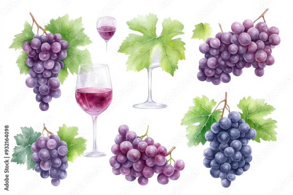 Fototapeta premium Elegant watercolor clipart collection featuring dark purple and emerald green grapes on the vine, lush grape leaves, a vineyard scene, and a wine glass on a white background