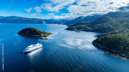 Cruise ship anchoring in Wulaia Bay, Tierra del Fuego, Chile
