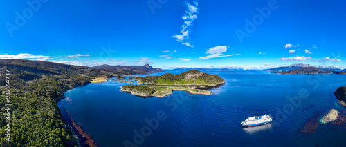 Aerial of a cruise ship in Wulaia Bay, Tierra del Fuego, Chile