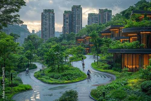 A vibrant urban setting where green spaces and sustainable living come together, showcasing eco-friendly transportation and community activities in a modern city.