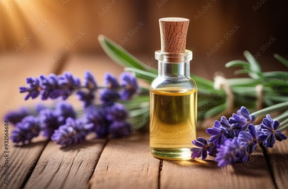 a small transparent glass bottle of lavender oil on a wooden table, a fresh bouquet of lavender, a bunch of purple flowers, eco-friendly medicinal solution, sunny day a small transparent glass bottle of lavender oil on a wooden table, a fresh bouquet of lavender, a bunch of purple flowers, eco-friendly medicinal solution, sunny day