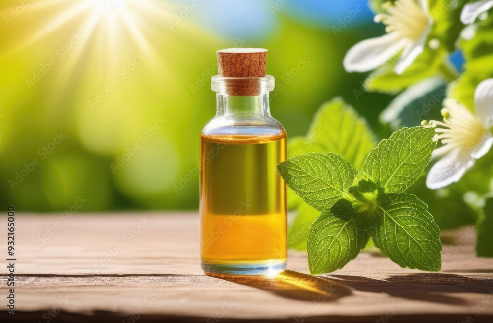 a small transparent glass bottle of patchouli oil on a wooden table, a sprig of fresh white flowers, eco-friendly medicinal solution, natural green background, sunny day a small transparent glass bottle of patchouli oil on a wooden table, a sprig of fresh white flowers, eco-friendly medicinal solution, natural green background, sunny day