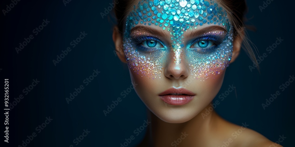This portrait features a beautiful woman showcasing intricate Halloween makeup with shimmering blue scales and vibrant colors, emphasizing her striking blue eyes. This portrait features a beautiful woman showcasing intricate Halloween makeup with shimmering blue scales and vibrant colors, emphasizing her striking blue eyes.