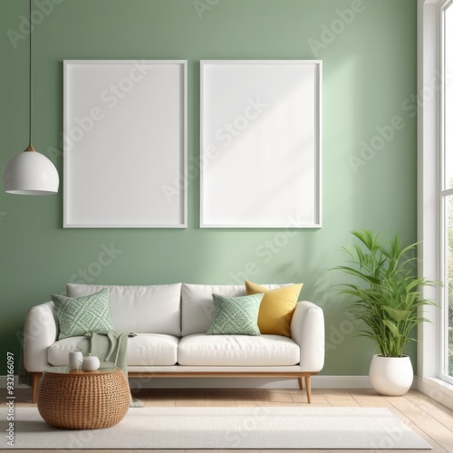 white poster frame close up in modern home interior with light green colored walls, wall mockup, 3d rendering