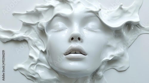 Wallpaper Mural A close-up of a woman's face with closed eyes, submerged in white liquid. The liquid is smooth and glossy, creating a surreal and abstract effect.  Torontodigital.ca