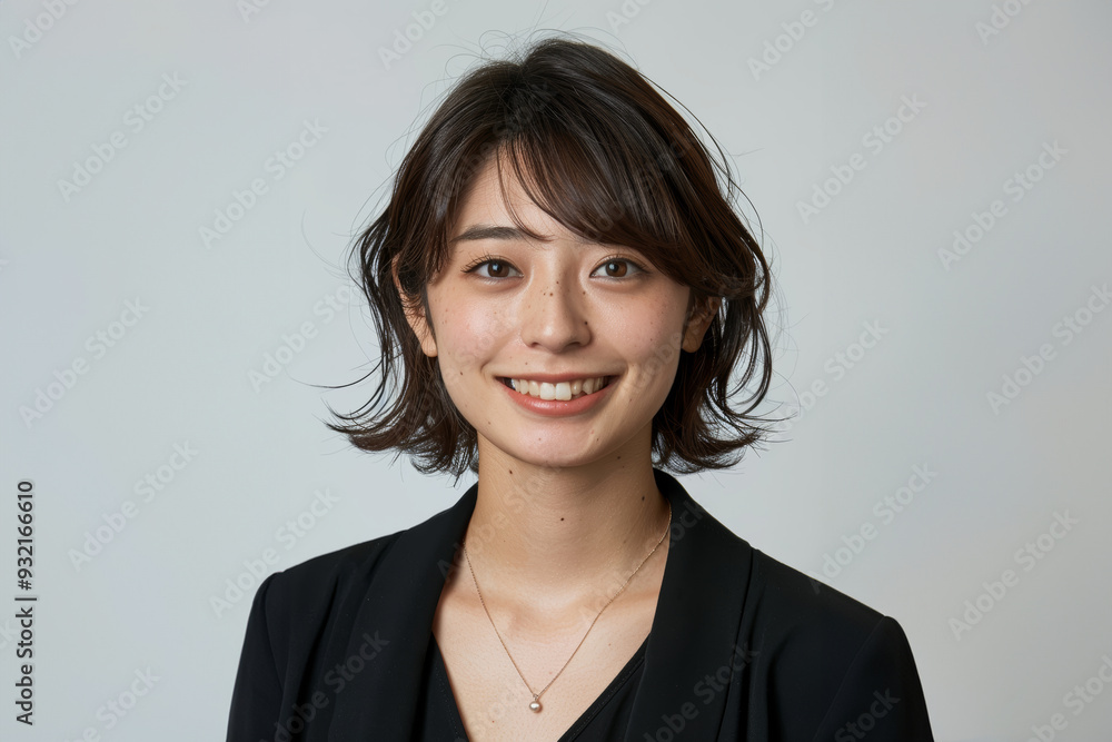 Smiling with confidence, a young woman in formal business attire radiates professionalism and elegance, ideal for corporate branding and promotion. Smiling with confidence, a young woman in formal business attire radiates professionalism and elegance, ideal for corporate branding and promotion.