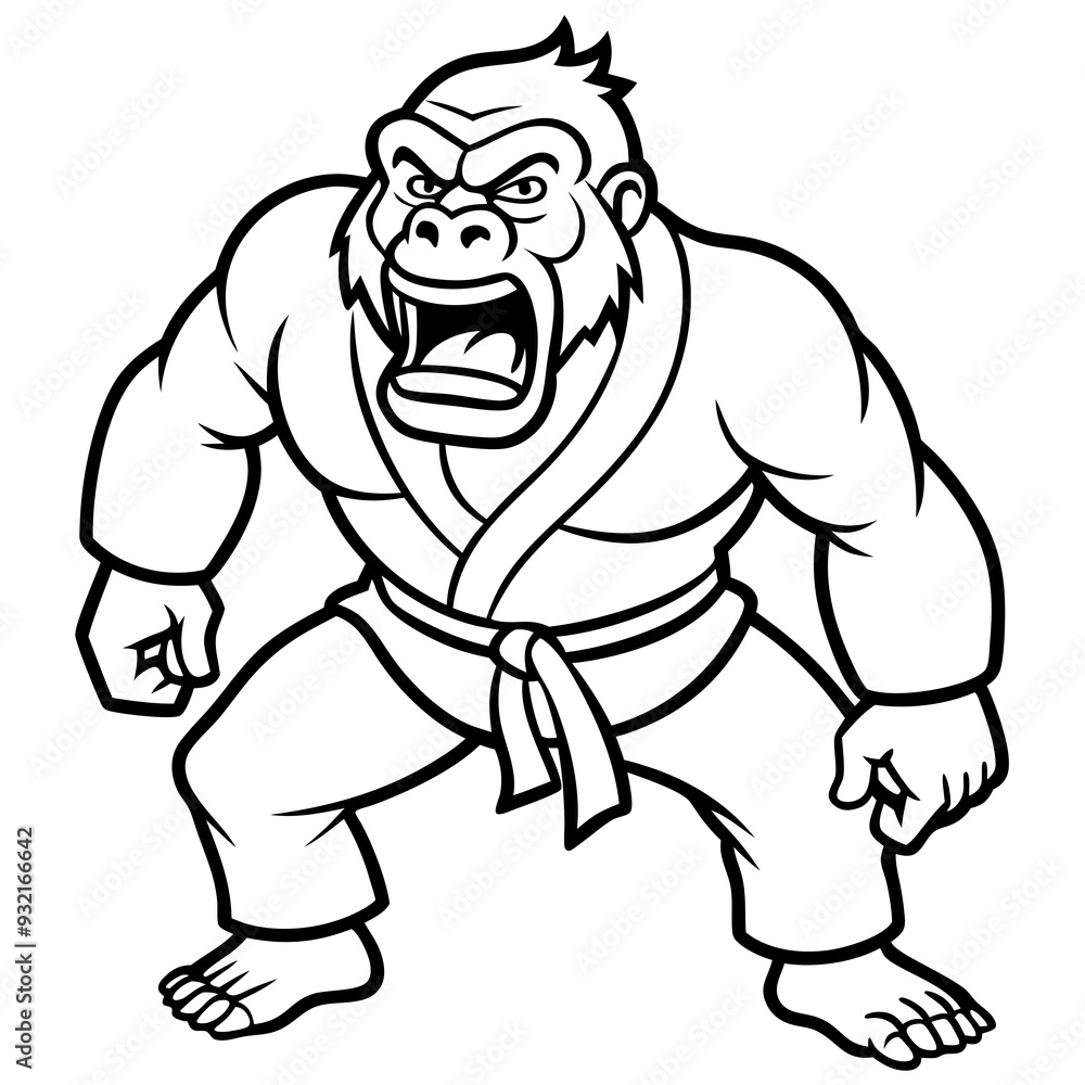 Naklejka premium Angry Karate gorilla White Background line art vector illustration