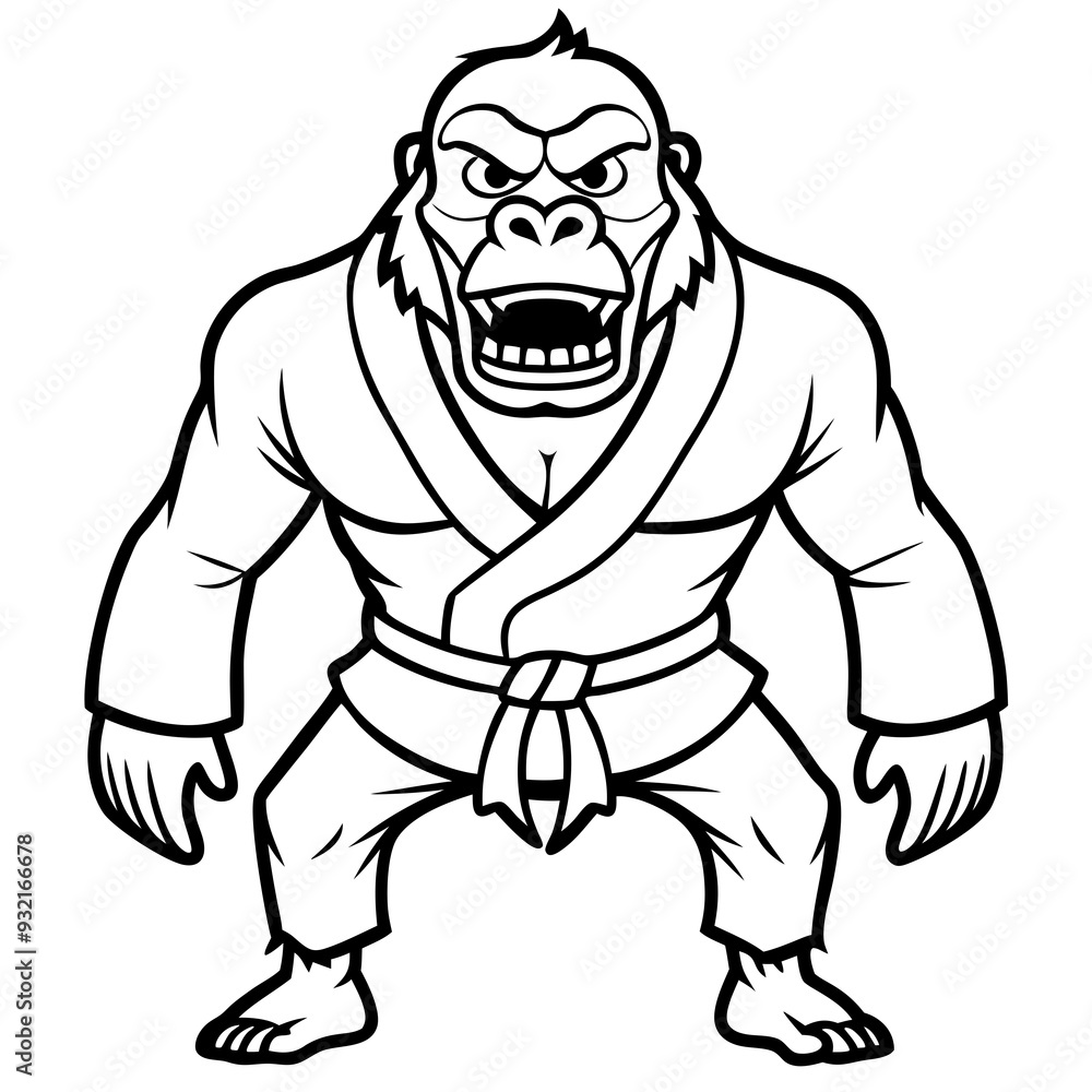 Obraz premium Angry Karate gorilla White Background line art vector illustration