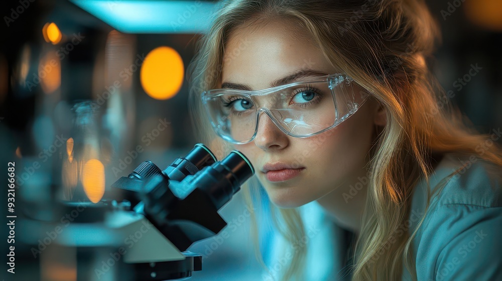 female scientist peering into microscope surrounded by hightech lab equipment soft blue lighting emphasizing research atmosphere female scientist peering into microscope surrounded by hightech lab equipment soft blue lighting emphasizing research atmosphere