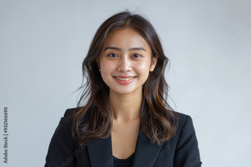 Smiling with confidence, a young woman in formal business attire radiates professionalism and elegance, ideal for corporate branding and promotion. Smiling with confidence, a young woman in formal business attire radiates professionalism and elegance, ideal for corporate branding and promotion.
