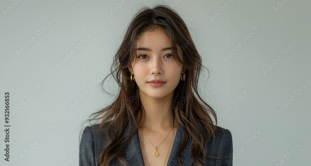 Smiling with confidence, a young woman in formal business attire radiates professionalism and elegance, ideal for corporate branding and promotion. Smiling with confidence, a young woman in formal business attire radiates professionalism and elegance, ideal for corporate branding and promotion.