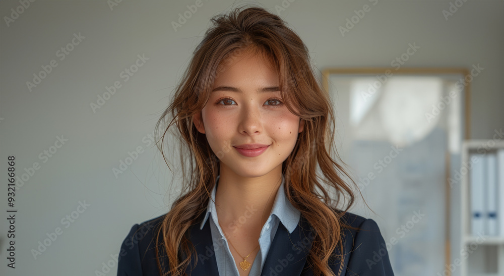 Smiling with confidence, a young woman in formal business attire radiates professionalism and elegance, ideal for corporate branding and promotion. Smiling with confidence, a young woman in formal business attire radiates professionalism and elegance, ideal for corporate branding and promotion.