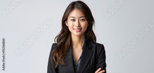 Smiling with confidence, a young woman in formal business attire radiates professionalism and elegance, ideal for corporate branding and promotion. photo