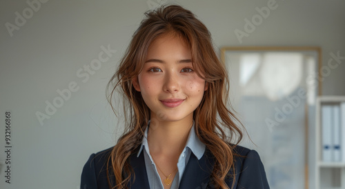 Smiling with confidence, a young woman in formal business attire radiates professionalism and elegance, ideal for corporate branding and promotion. photo