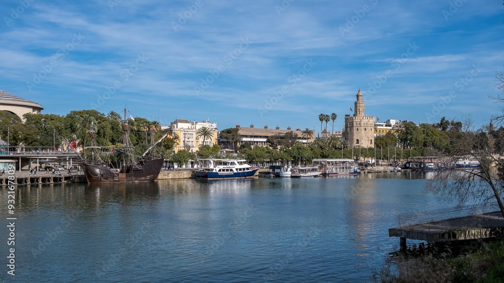 Cityscape of Seville, the largest city of Andalusia, seen from one side of the Guadalquivir River, Seville, Andalusia, Spain Cityscape of Seville, the largest city of Andalusia, seen from one side of the Guadalquivir River, Seville, Andalusia, Spain