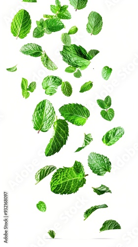 Falling Fresh Mint Leaves, Isolated Aromatic Herb Leaf Backdrop, Organic Peppermint Spearmint Marketing Menu Background, Tasty Herbal Plant Based Ingredient Design 