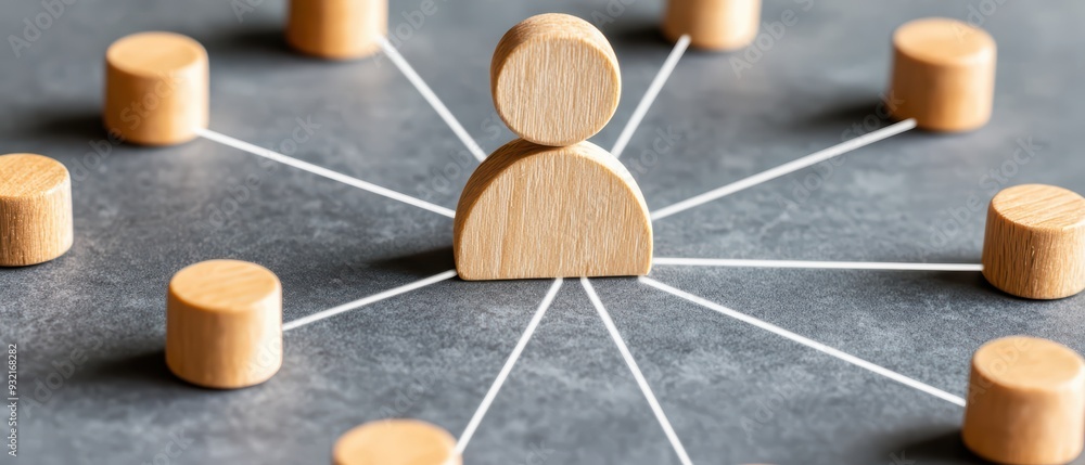 A wooden figure at the center, connected to surrounding figures, symbolizing networking and collaboration in a minimalistic style. A wooden figure at the center, connected to surrounding figures, symbolizing networking and collaboration in a minimalistic style.
